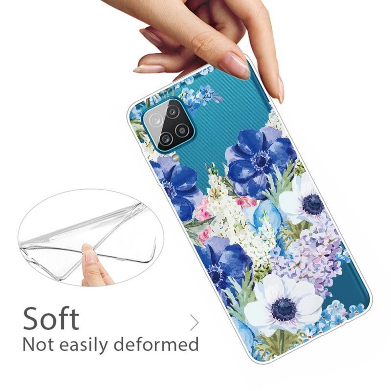 Case Samsung Galaxy A12 / M12 Saumaton Akvarelli Sininen Kukka