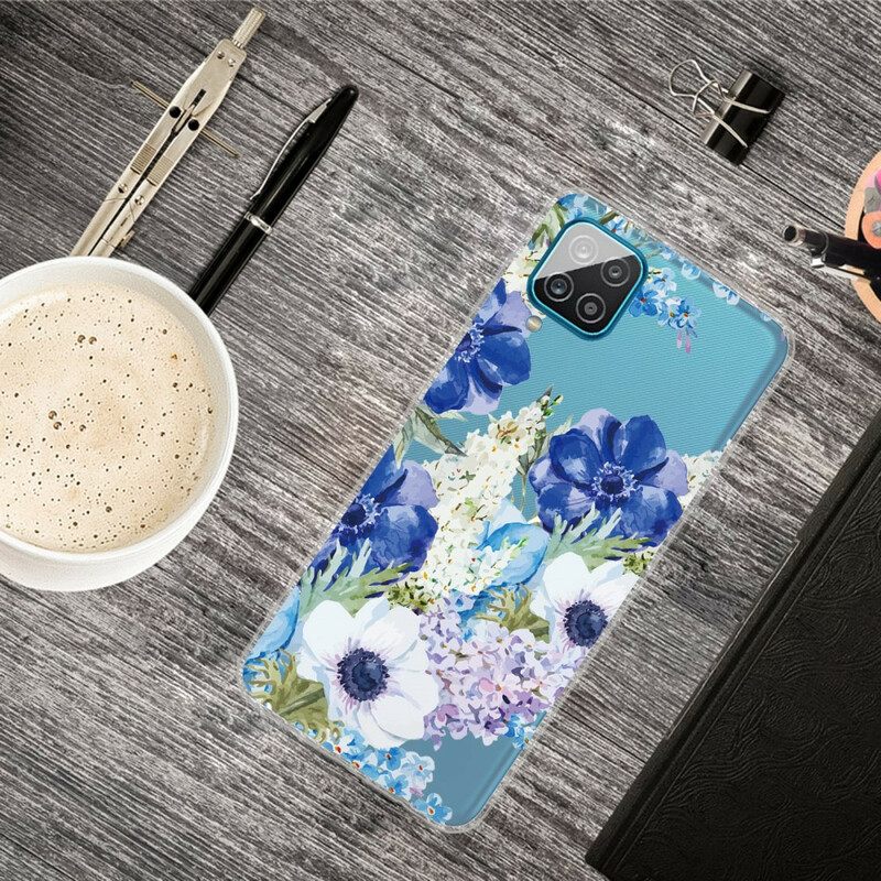 Case Samsung Galaxy A12 / M12 Saumaton Akvarelli Sininen Kukka