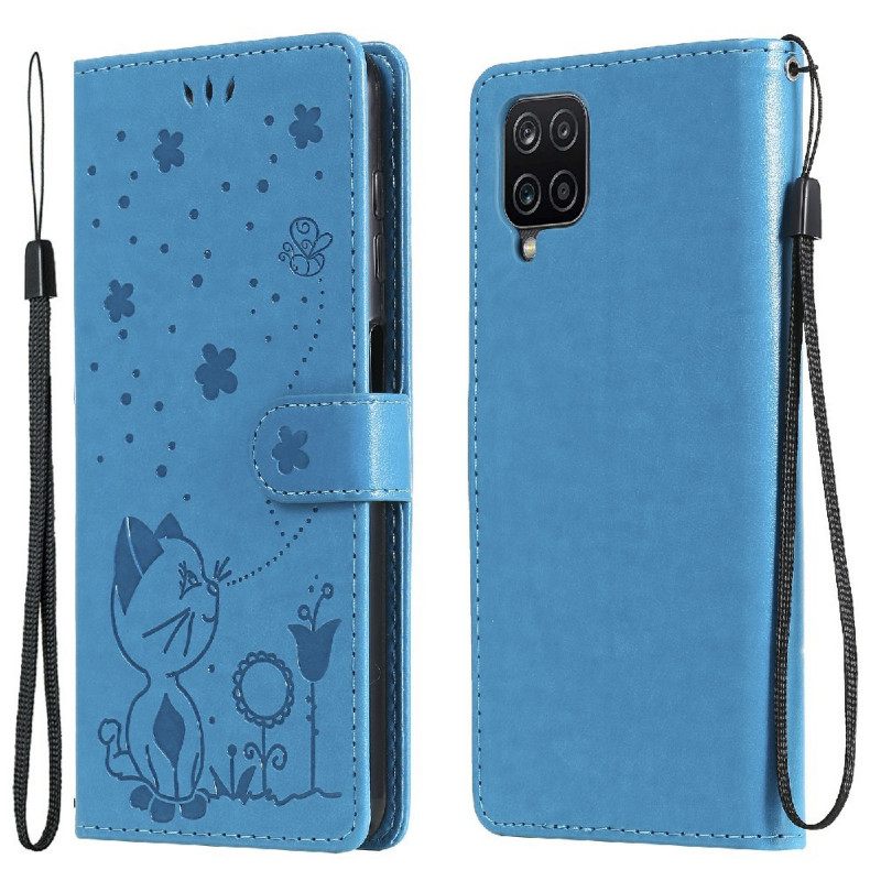 Flip Case Samsung Galaxy A12 / M12 Suojaketju Kuori Kissa Ja Mehiläinen Kaulanauhassa