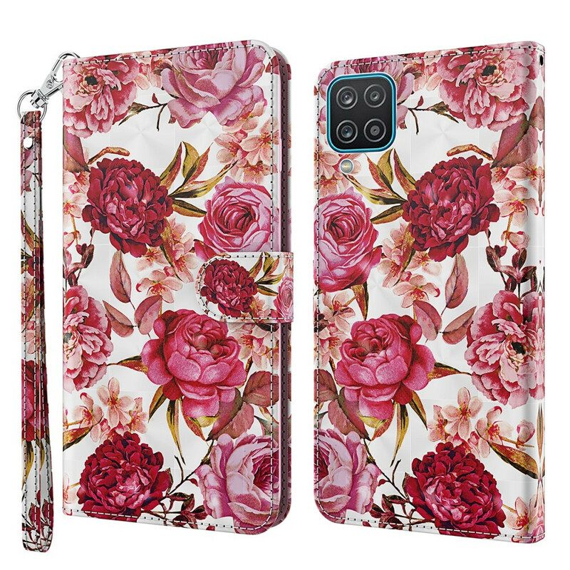 Nahkakotelo Samsung Galaxy A12 / M12 Light Spot Roses Kaulanauhalla