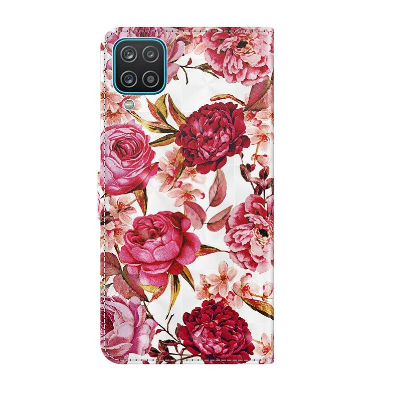 Nahkakotelo Samsung Galaxy A12 / M12 Light Spot Roses Kaulanauhalla