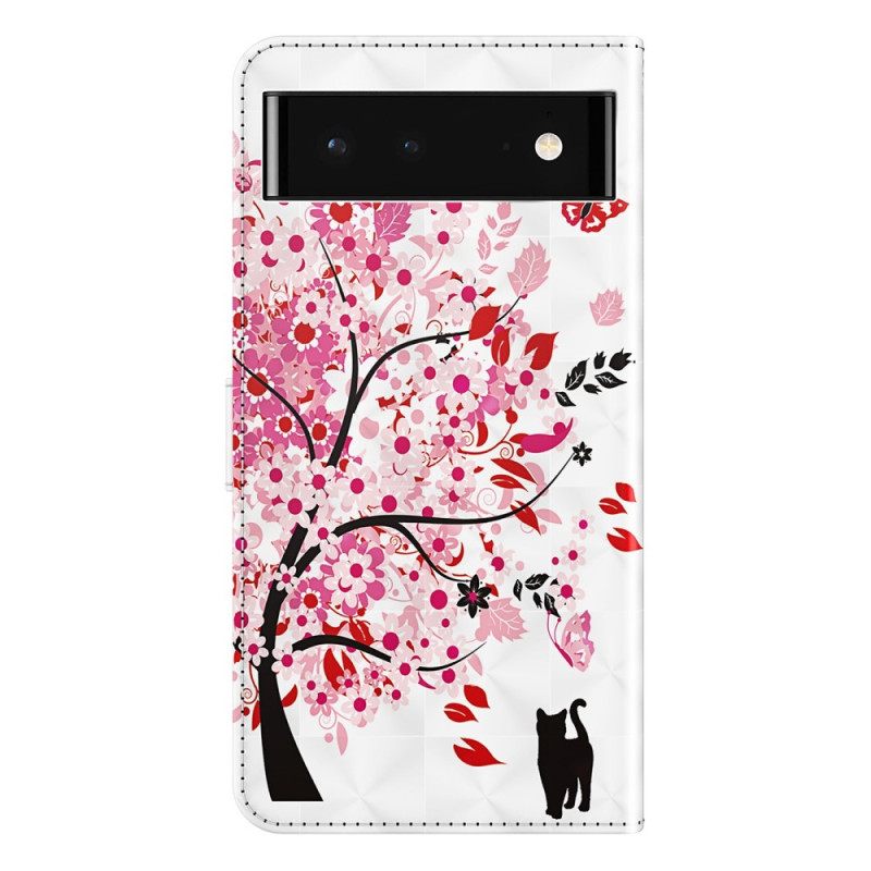 Nahkakotelo Google Pixel 7 Suojaketju Kuori Cat And Lanyard Tree