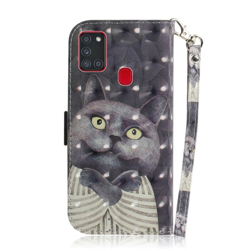 Flip Case Samsung Galaxy A21s Suojaketju Kuori Grey Thong Cat