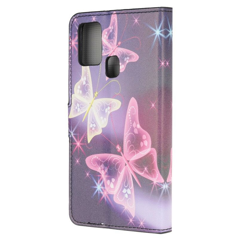 Nahkakotelo Samsung Galaxy A21s Neon Butterflies