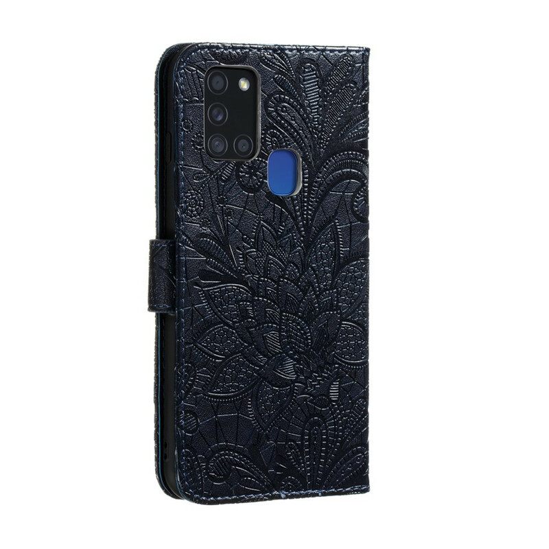 Nahkakotelo Samsung Galaxy A21s Suojaketju Kuori Tribal Strap Flowers