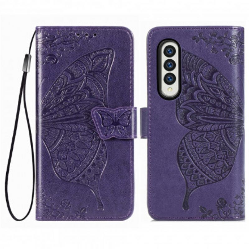 Nahkakotelo Samsung Galaxy Z Fold 3 5G Butterfly Design Kaulanauhalla