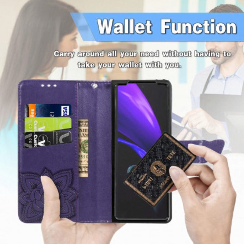 Nahkakotelo Samsung Galaxy Z Fold 3 5G Butterfly Design Kaulanauhalla