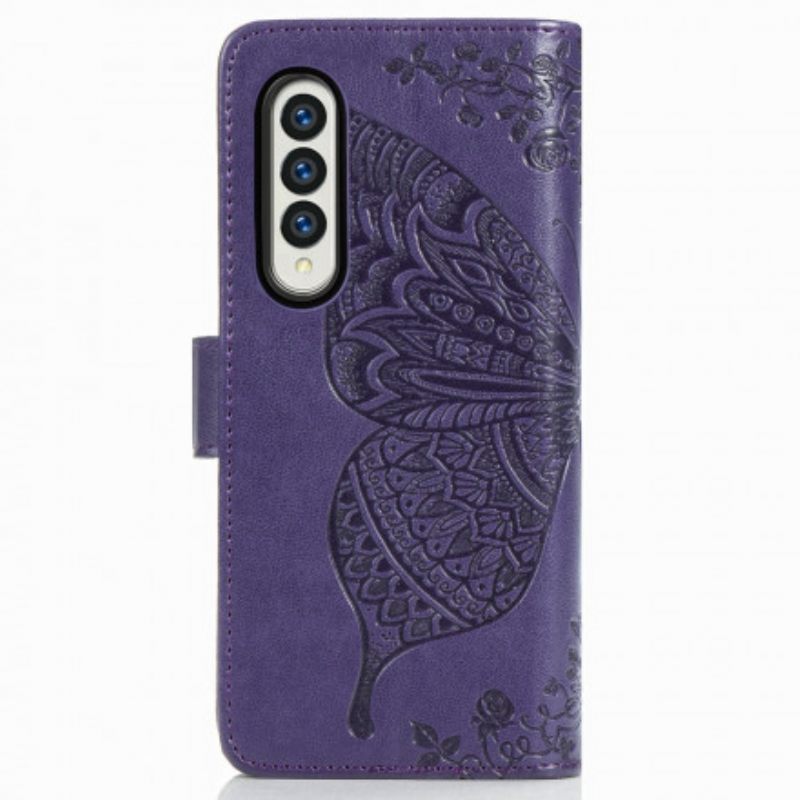 Nahkakotelo Samsung Galaxy Z Fold 3 5G Butterfly Design Kaulanauhalla