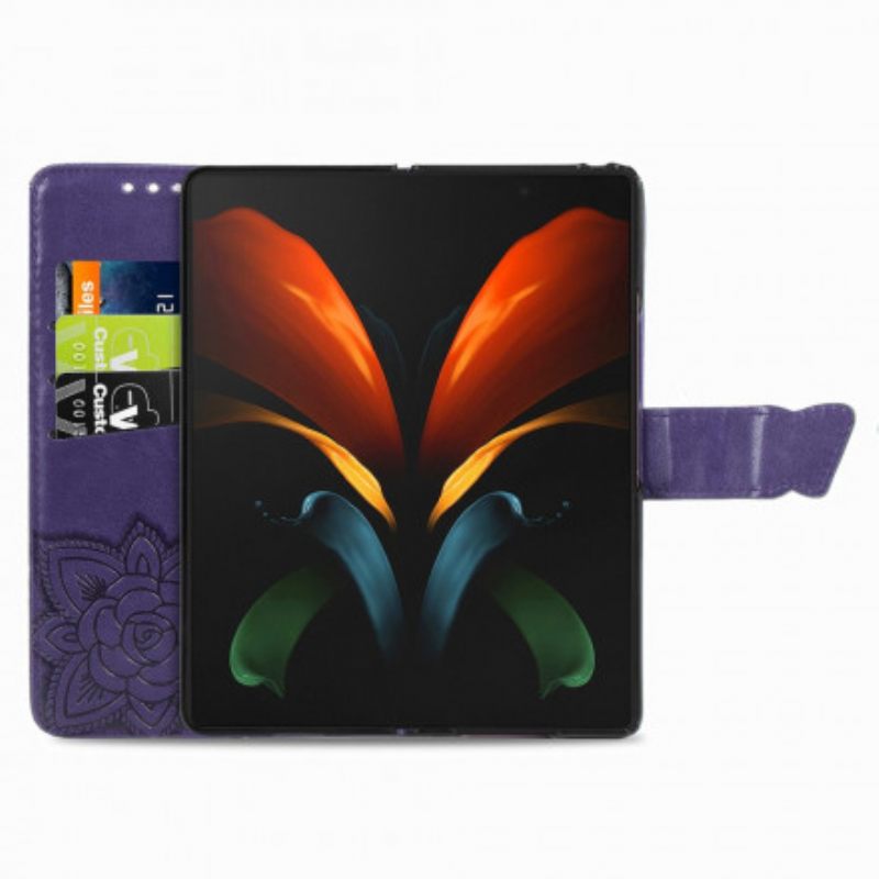 Nahkakotelo Samsung Galaxy Z Fold 3 5G Butterfly Design Kaulanauhalla