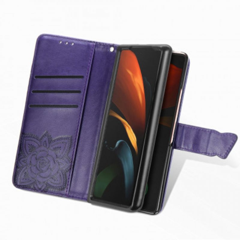 Nahkakotelo Samsung Galaxy Z Fold 3 5G Butterfly Design Kaulanauhalla