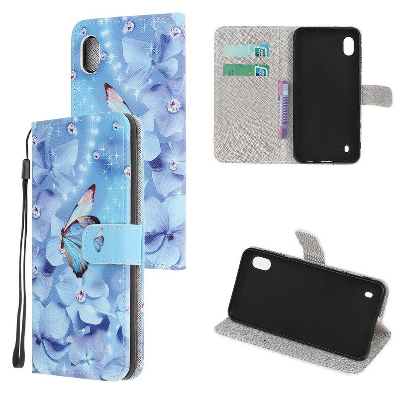 Flip Case Samsung Galaxy A10 Suojaketju Kuori Diamond Butterflies Hihnalla