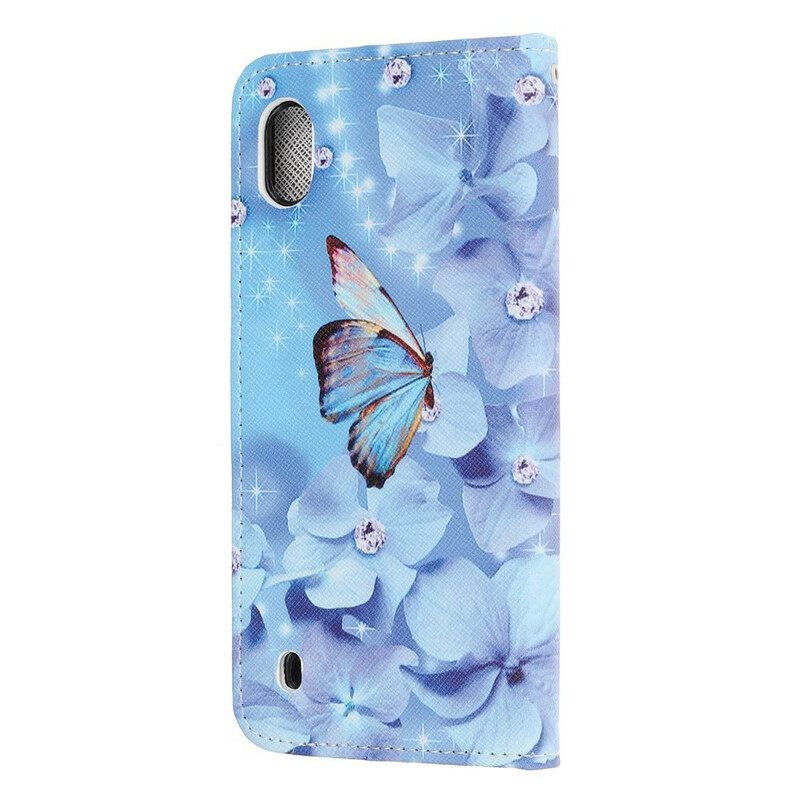 Flip Case Samsung Galaxy A10 Suojaketju Kuori Diamond Butterflies Hihnalla