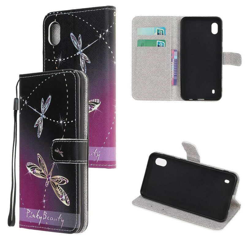 Nahkakotelo Samsung Galaxy A10 Suojaketju Kuori Strappy Dragonflies