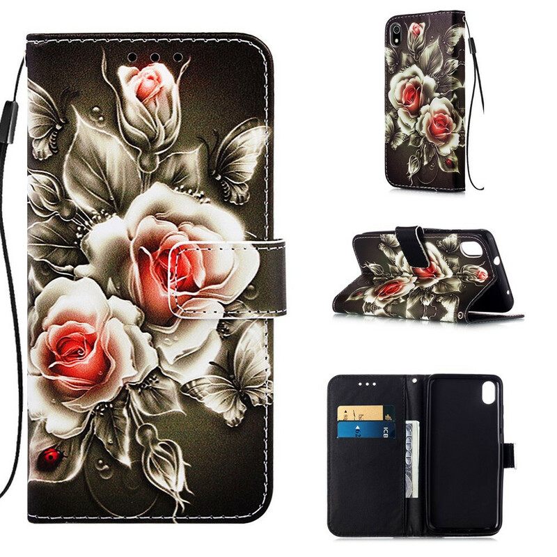 Kotelot Xiaomi Redmi 7A Suojaketju Kuori Black Rose Hihnalla