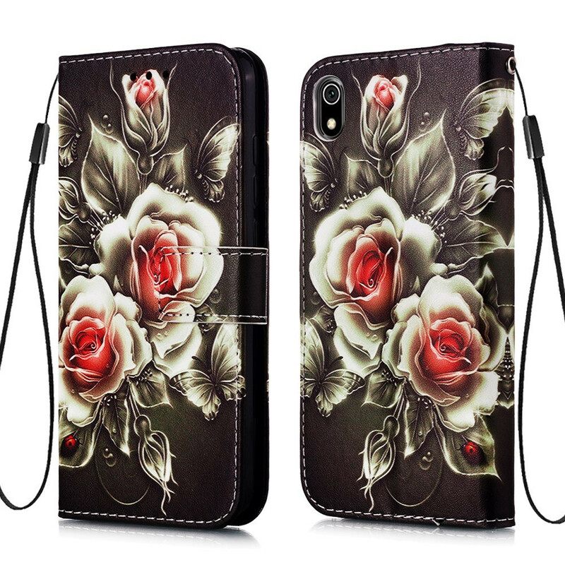 Kotelot Xiaomi Redmi 7A Suojaketju Kuori Black Rose Hihnalla