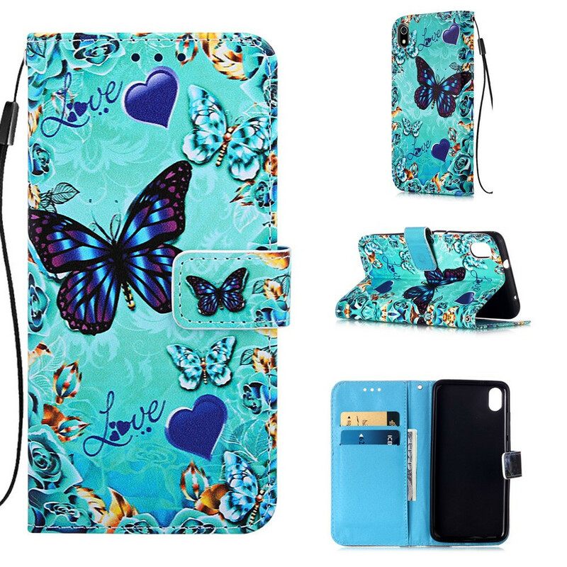 Nahkakotelo Xiaomi Redmi 7A Suojaketju Kuori Love Butterflies In Strap