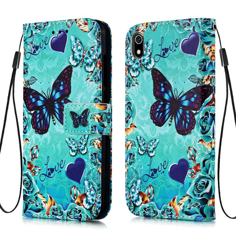 Nahkakotelo Xiaomi Redmi 7A Suojaketju Kuori Love Butterflies In Strap