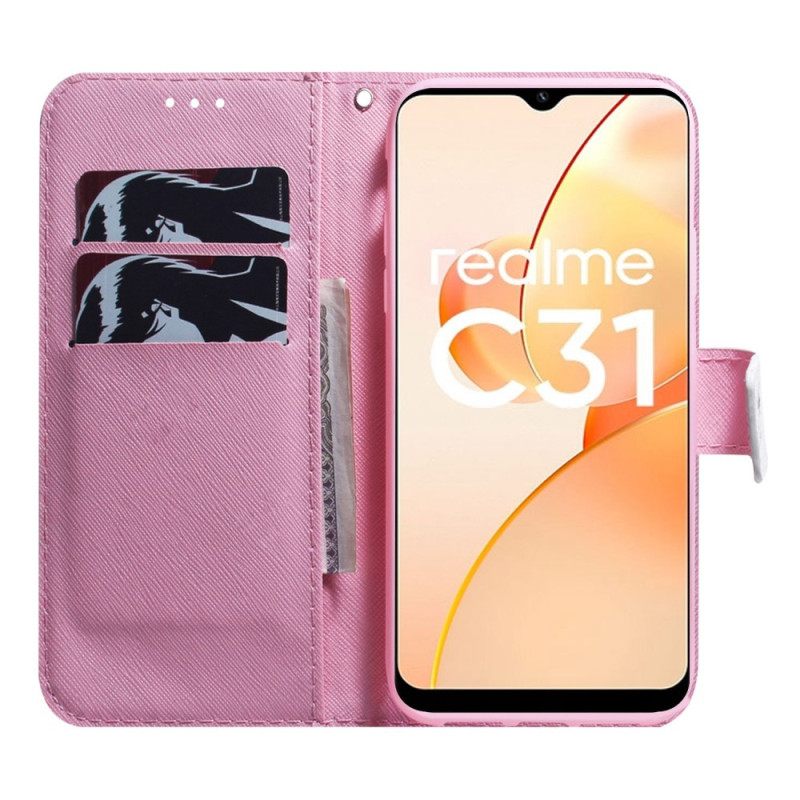 Flip Case Realme C35 Vaaleanpunainen Kukka