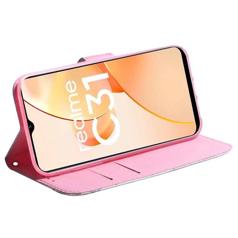 Flip Case Realme C35 Vaaleanpunainen Kukka