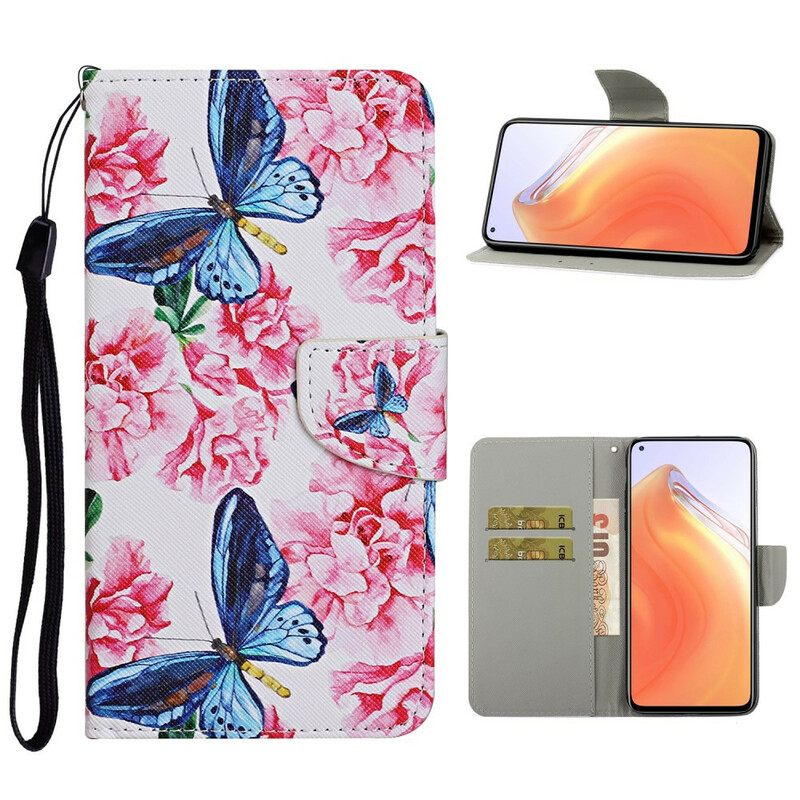 Nahkakotelo Xiaomi Mi 10T / 10T Pro Floral Butterflies Lanyard