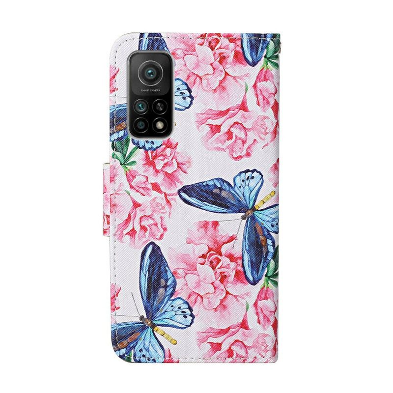 Nahkakotelo Xiaomi Mi 10T / 10T Pro Floral Butterflies Lanyard