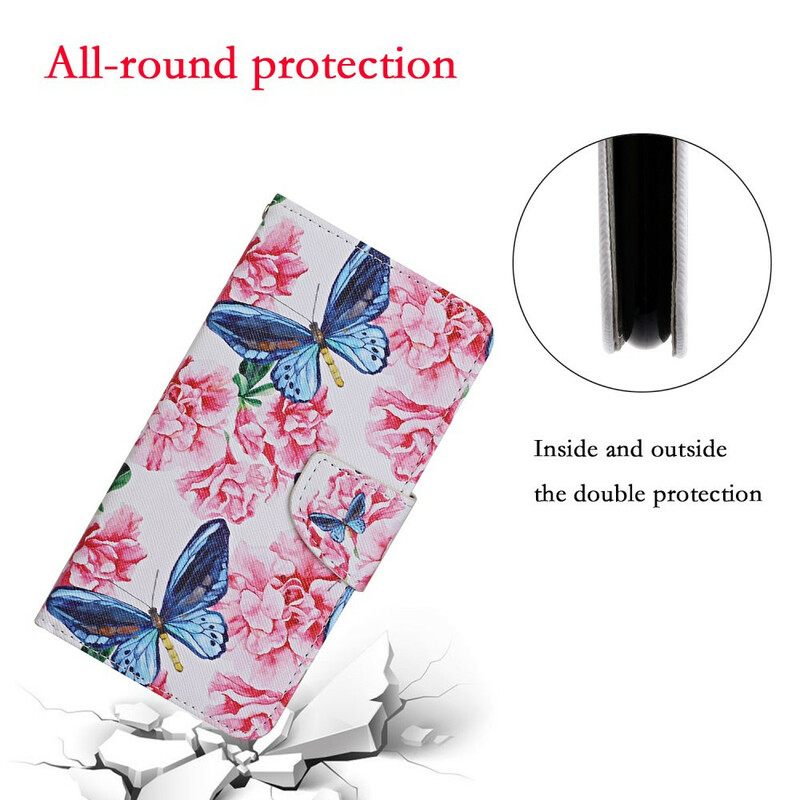 Nahkakotelo Xiaomi Mi 10T / 10T Pro Floral Butterflies Lanyard