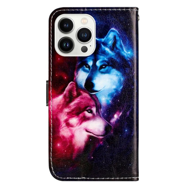 Nahkakotelo iPhone 16 Pro Lanyard Wolves