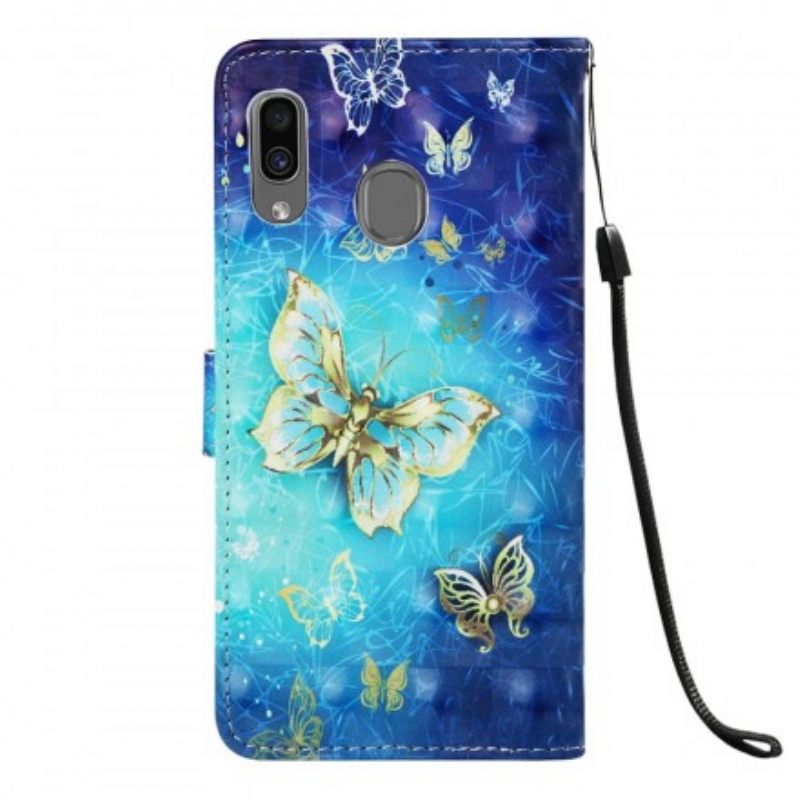 Nahkakotelo Samsung Galaxy A30 / A20 Suojaketju Kuori Golden Butterflies Ja Kaulanauha