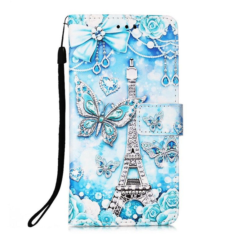 Flip Case iPhone 13 Pro Suojaketju Kuori Eiffel-tornin Perhoset Kaulanauhalla