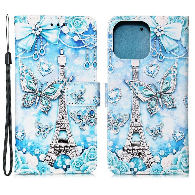 Flip Case iPhone 13 Pro Suojaketju Kuori Eiffel-tornin Perhoset Kaulanauhalla