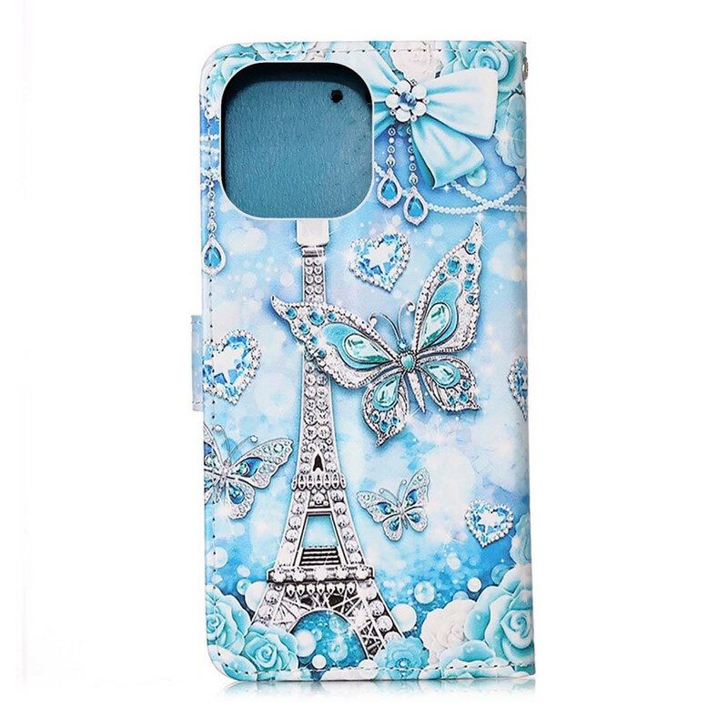 Flip Case iPhone 13 Pro Suojaketju Kuori Eiffel-tornin Perhoset Kaulanauhalla