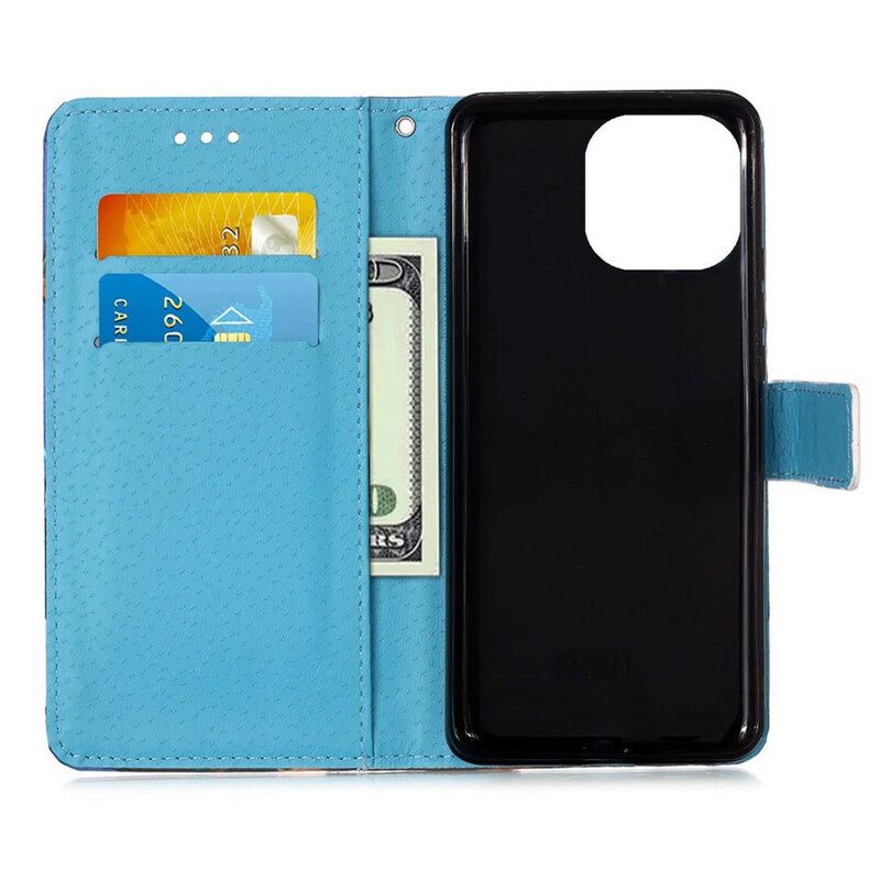 Flip Case iPhone 13 Pro Suojaketju Kuori Eiffel-tornin Perhoset Kaulanauhalla