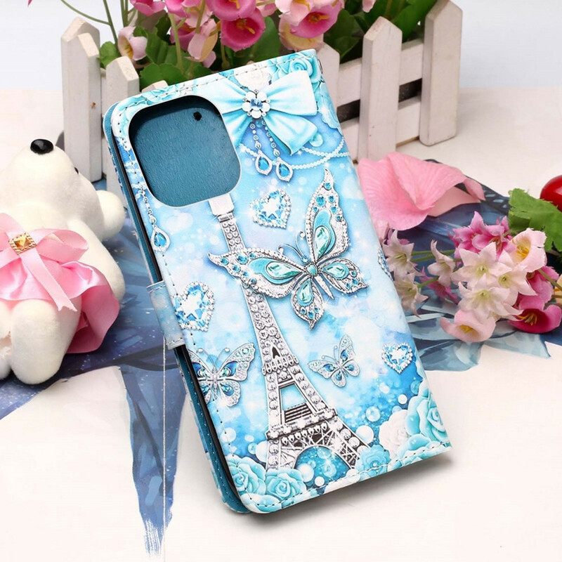 Flip Case iPhone 13 Pro Suojaketju Kuori Eiffel-tornin Perhoset Kaulanauhalla