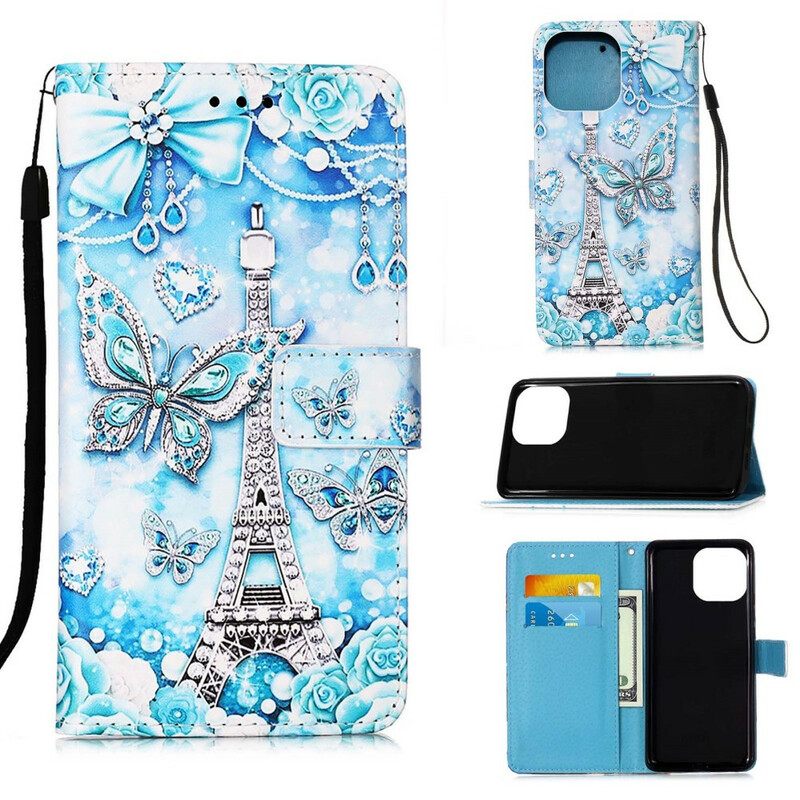 Flip Case iPhone 13 Pro Suojaketju Kuori Eiffel-tornin Perhoset Kaulanauhalla