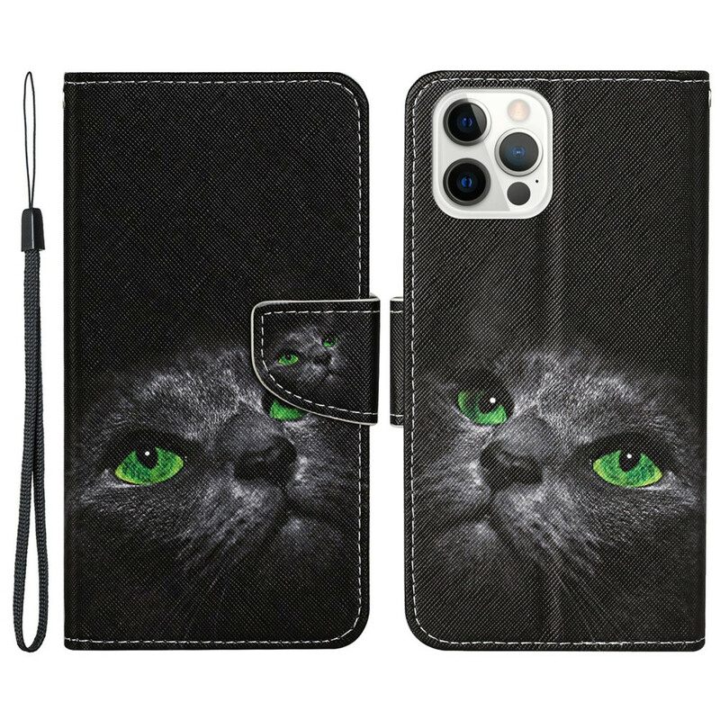 Kotelot iPhone 13 Pro Green Cat Eyes With Lanyard