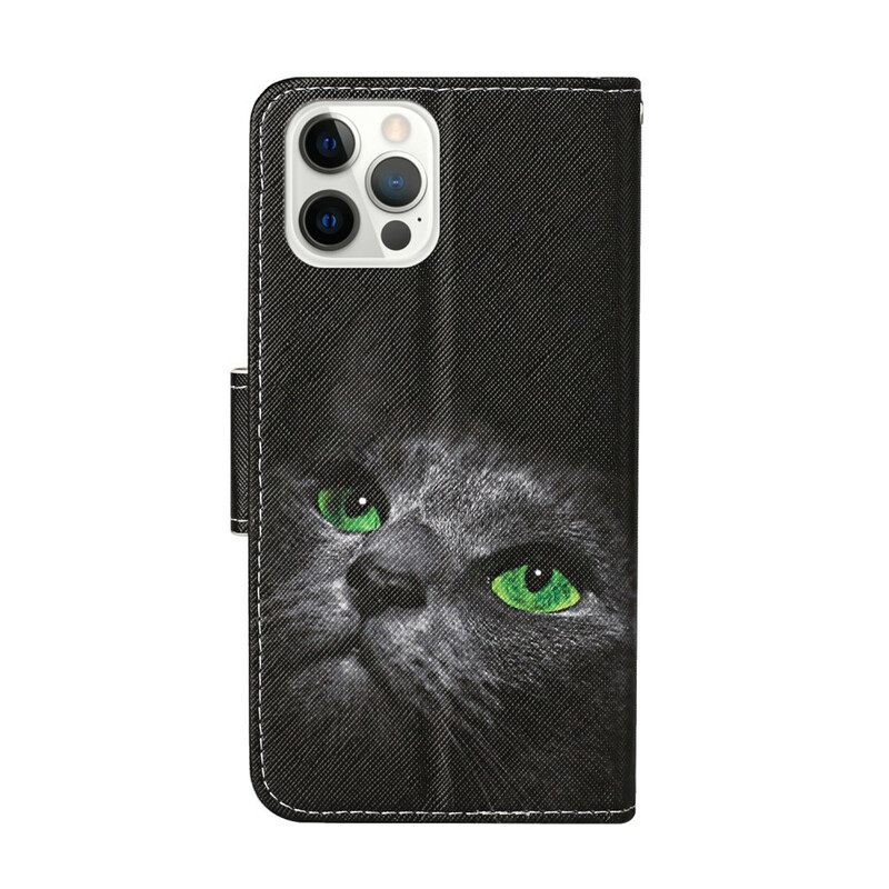 Kotelot iPhone 13 Pro Green Cat Eyes With Lanyard