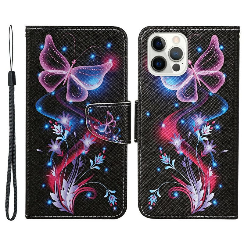 Nahkakotelo iPhone 13 Pro Butterflies Ja Lanyard