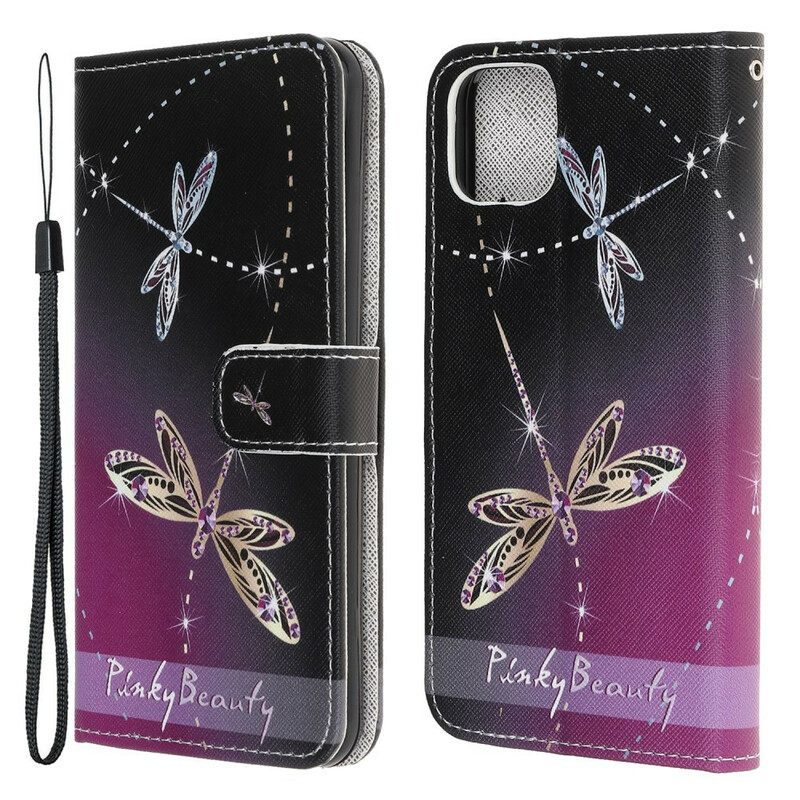 Nahkakotelo iPhone 13 Pro Suojaketju Kuori Strappy Dragonflies