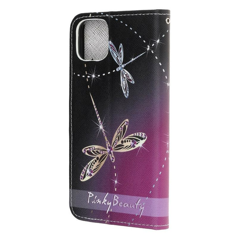 Nahkakotelo iPhone 13 Pro Suojaketju Kuori Strappy Dragonflies