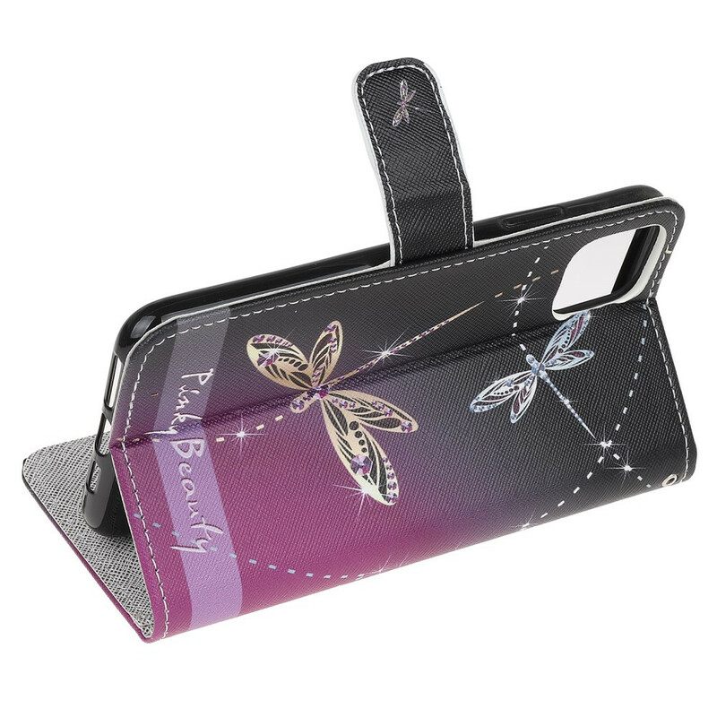 Nahkakotelo iPhone 13 Pro Suojaketju Kuori Strappy Dragonflies