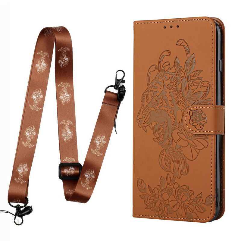 Nahkakotelo iPhone 13 Pro Suojaketju Kuori Tiger Baroque Strap