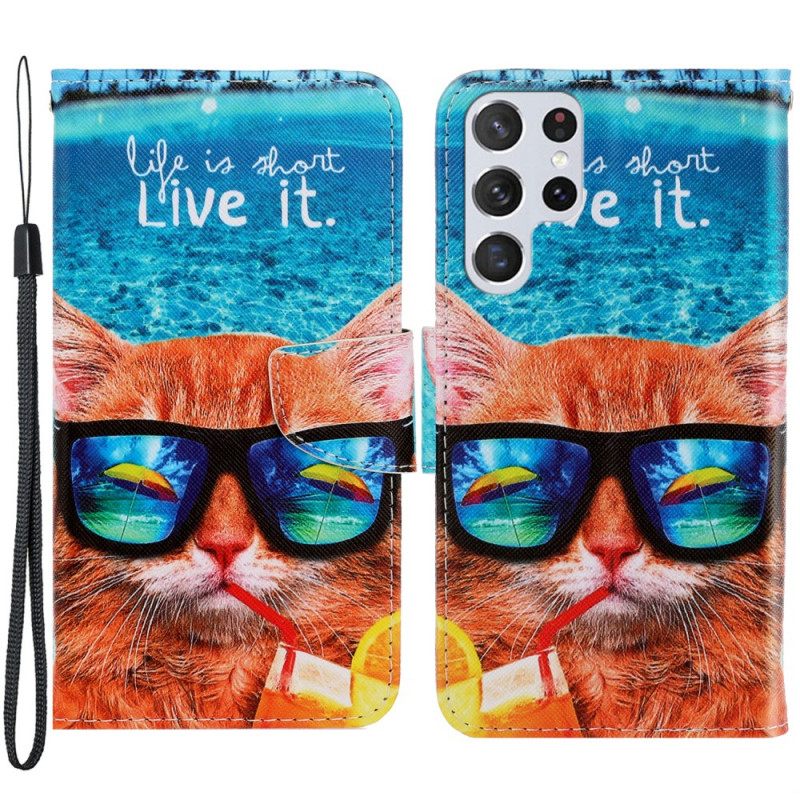 Flip Case Samsung Galaxy S22 Ultra 5G Suojaketju Kuori Cat Live It Lanyardissa