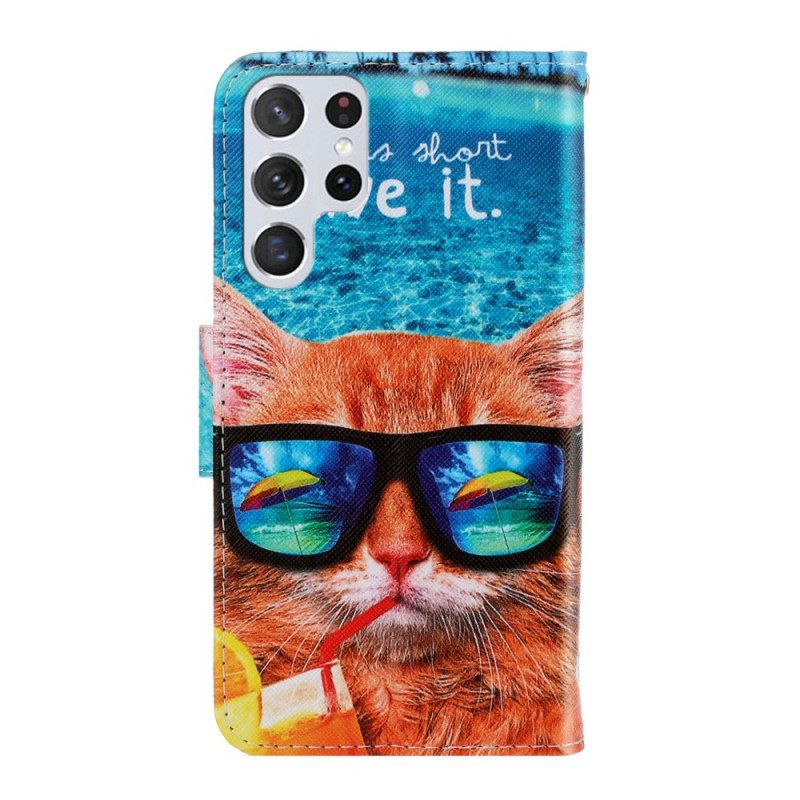 Flip Case Samsung Galaxy S22 Ultra 5G Suojaketju Kuori Cat Live It Lanyardissa