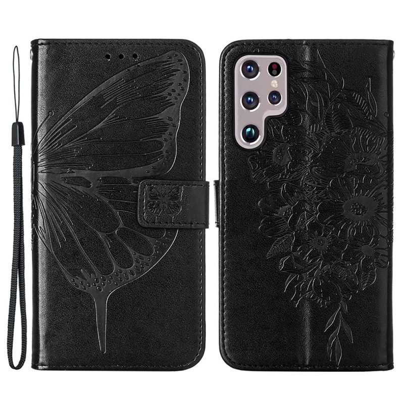 Kotelot Samsung Galaxy S22 Ultra 5G Butterfly Design Kaulanauhalla