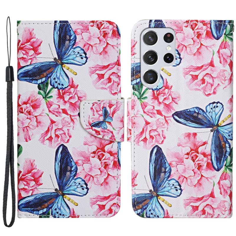 Kotelot Samsung Galaxy S22 Ultra 5G Floral Butterflies Lanyard