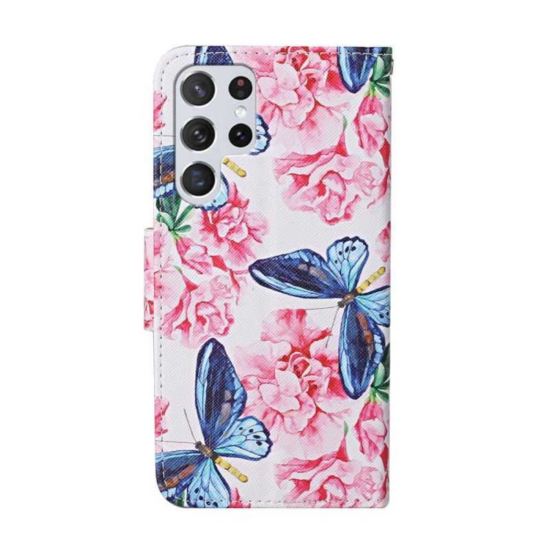 Kotelot Samsung Galaxy S22 Ultra 5G Floral Butterflies Lanyard