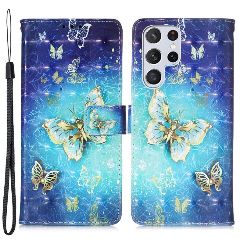 Kotelot Samsung Galaxy S22 Ultra 5G Golden Butterflies Lanyard