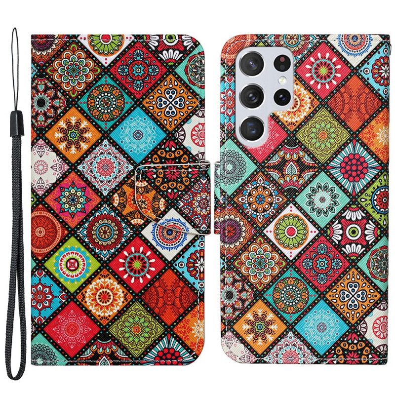 Kotelot Samsung Galaxy S22 Ultra 5G Patchwork Mandalas Kaulanauhalla