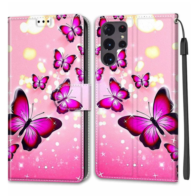 Kotelot Samsung Galaxy S22 Ultra 5G Suojaketju Kuori Strap Butterflies Fani