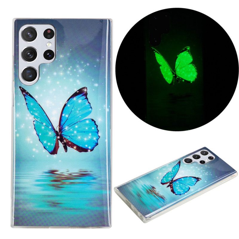 Kuori Samsung Galaxy S22 Ultra 5G Fluorescent Blue Butterflies